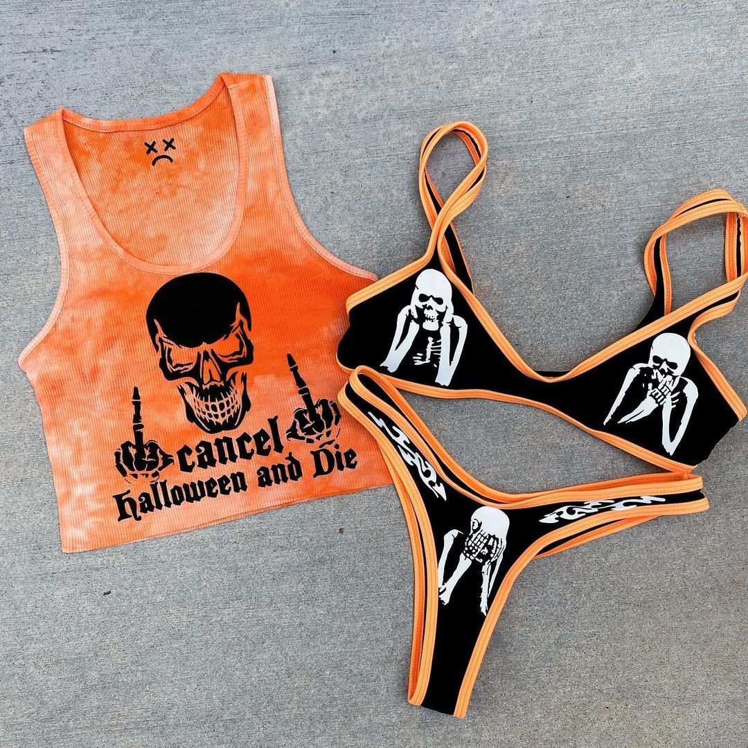 Upopby Orange Skull Reaper Print Bikini Set overview