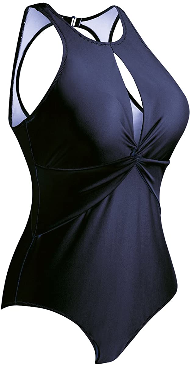 Upopby Women's High Neck Padded One-Piece Swimsuit navy blue show