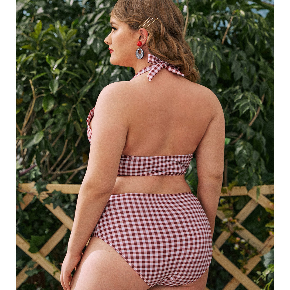 Red Plaid Halter Bow Retro High Waist Bikini Swimsuit back details