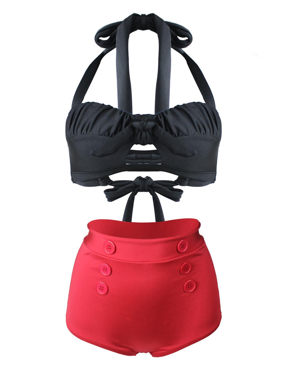 Upopby Pleated Bow Halter Solid Bikini Set