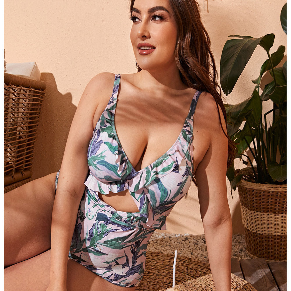 Leaf Printed Hollow Belly One-piece Swimsuit Plus Size details
