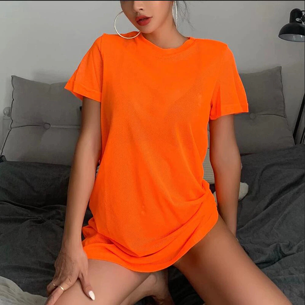 Upopby Sheer Mesh Bikini Cover Up Beach  Short Sleeve T-shirt Top Dress Orange