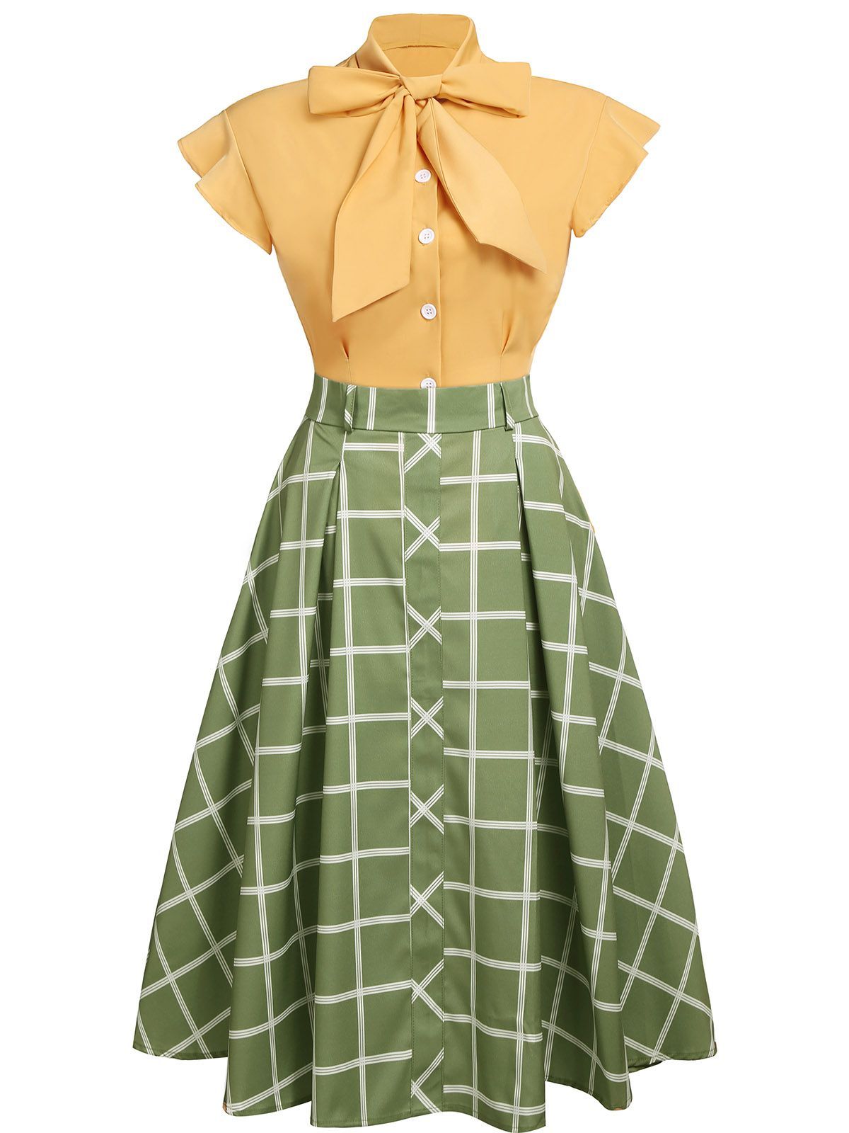 2PCS 1950s Blusa y falda a cuadros con lazo