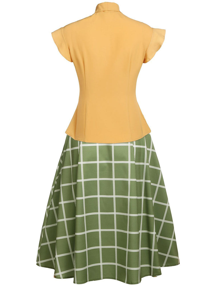 2PCS 1950s Blusa y falda a cuadros con lazo