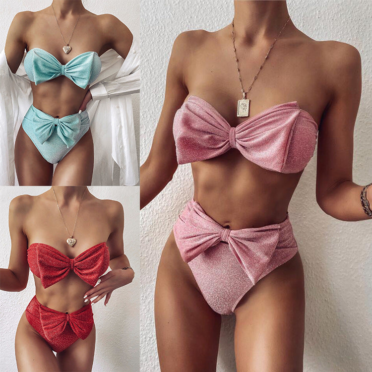 Upopby High Waist Swimsuit Bowknot Silk Solid Bikini Set show