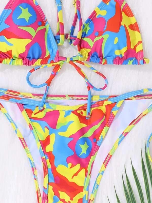 Upopby Sexy Tie-Dye Print String Bikini Thong Swimsuit details
