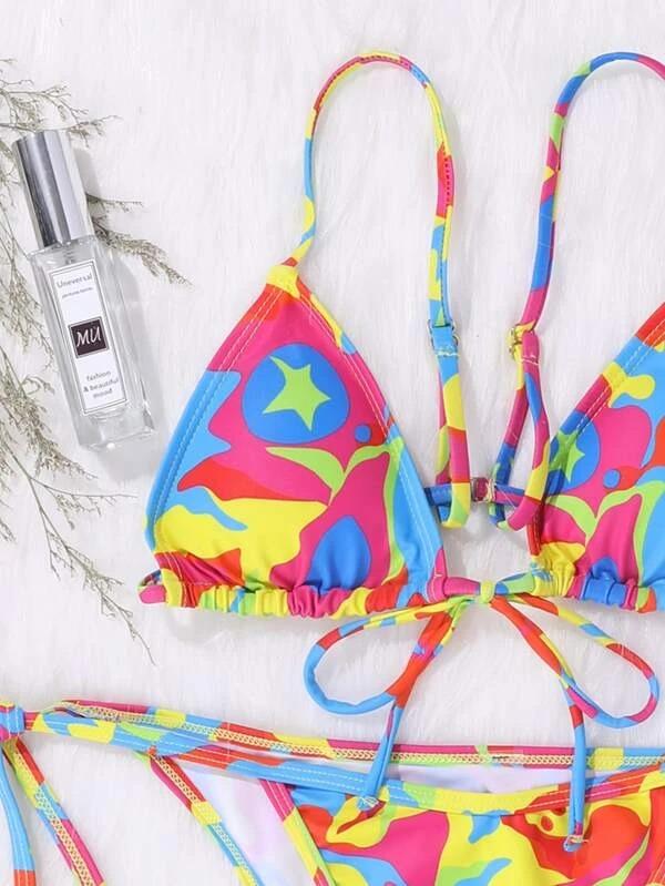 Upopby Sexy Tie-Dye Print String Bikini Thong Swimsuit top details