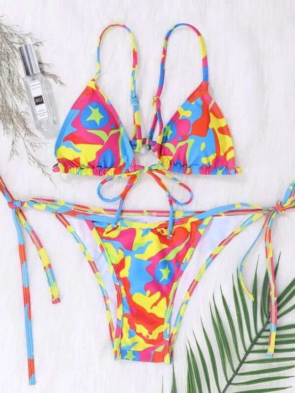 Upopby Sexy Tie-Dye Print String Bikini Thong Swimsuit