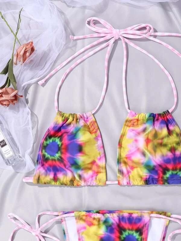 Upopby Tie Dye Halter String Bikini Thong Swimsuit top details