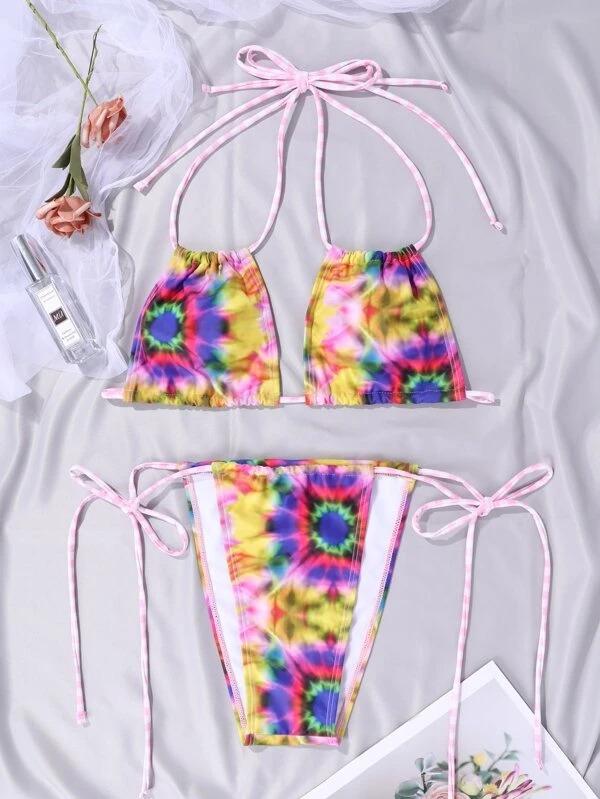 Upopby Tie Dye Halter String Bikini Thong Swimsuit overview
