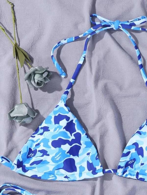 Upopby Camo Pattern Triangle Bikini Swimsuit & Scrunchie topo details