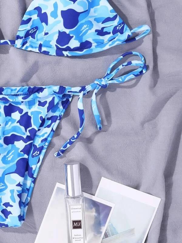 Upopby Camo Pattern Triangle Bikini Swimsuit & Scrunchie bottom details
