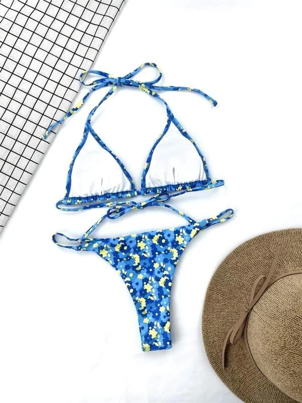 Upopby Floral Halter Micro Triangle Thong Bikini Swimsuit back details