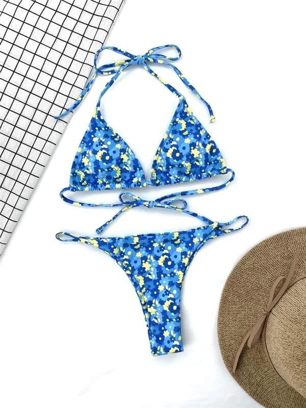 Upopby Floral Halter Micro Triangle Thong Bikini Swimsuit details