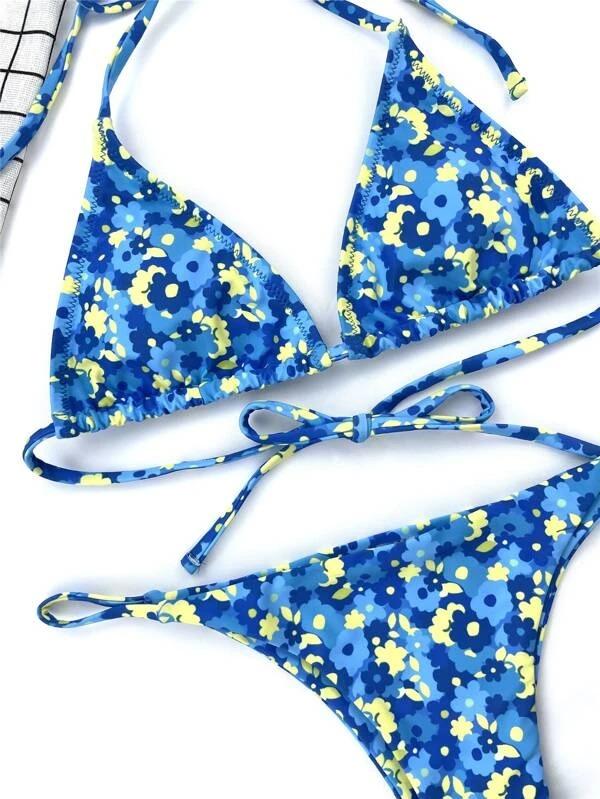 Upopby Floral Halter Micro Triangle Thong Bikini Swimsuit details
