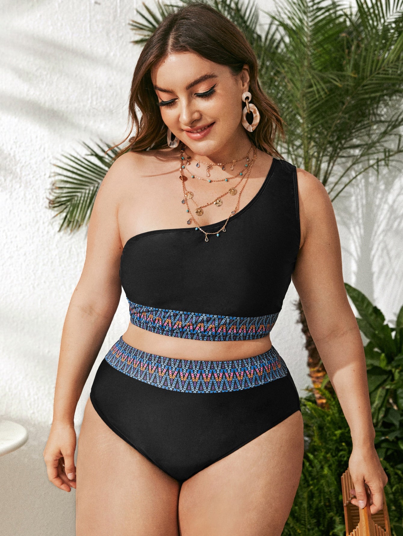 One-Shoulder Black Two-Piece High Waist Swimsuit