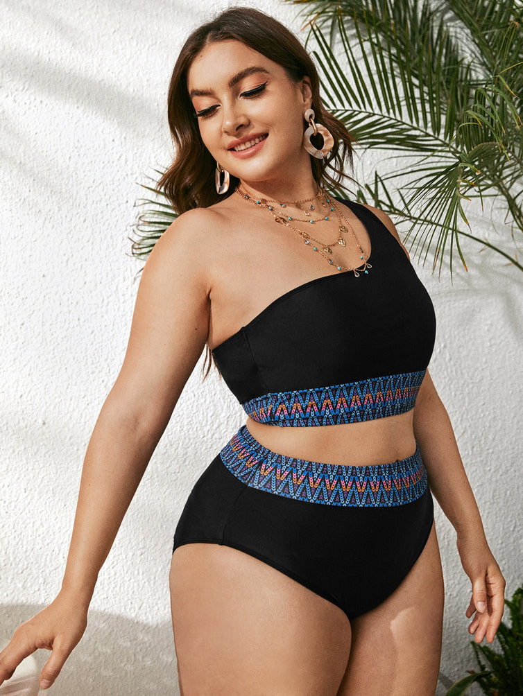 One-Shoulder Black Two-Piece High Waist Swimsuit display
