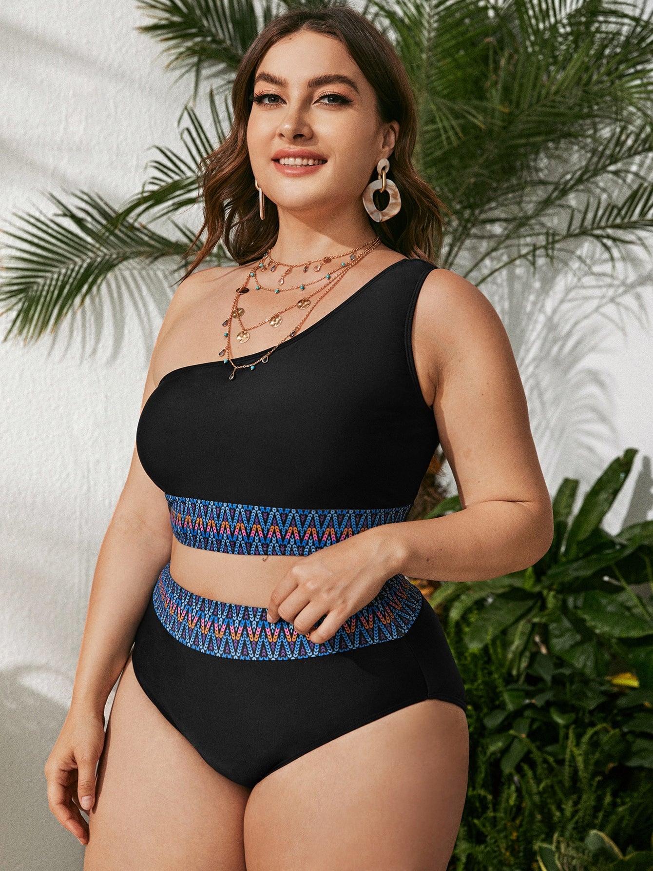 One-Shoulder Black Two-Piece High Waist Swimsuit show