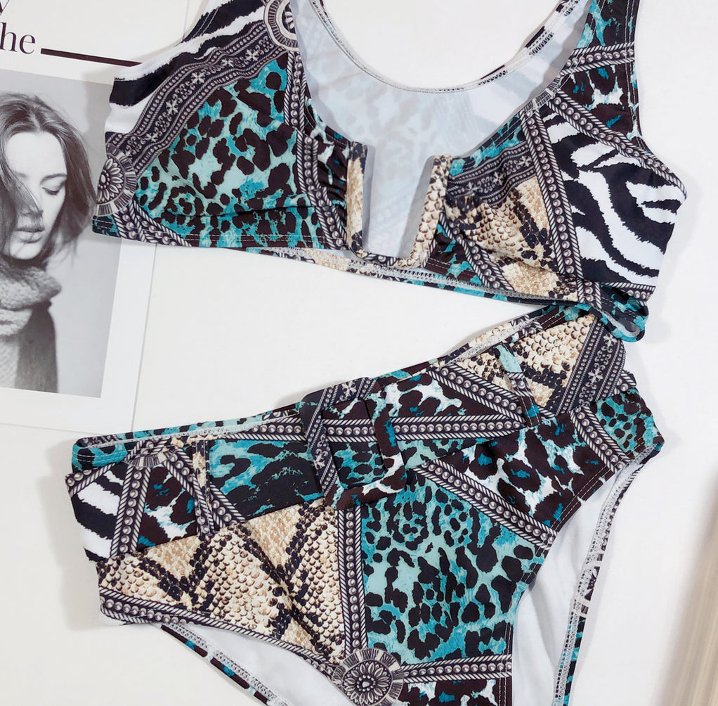 U-neck Snake Print Swimsuit Ladies Split Bikini details