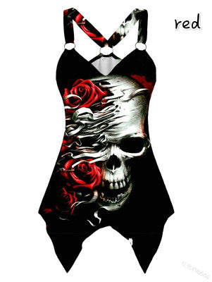 Upopby Long Skull Girl Print Sling Swimsuit Cover Up Beach Dress red