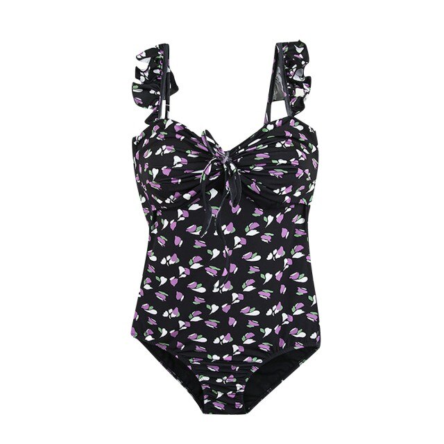 Upopby Fashion Floral Print One-Piece Swimsuit Black