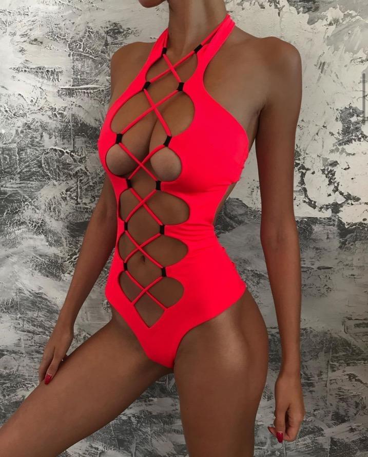 Upopby Sexy Solid Backless String One-Piece Swimsuit show