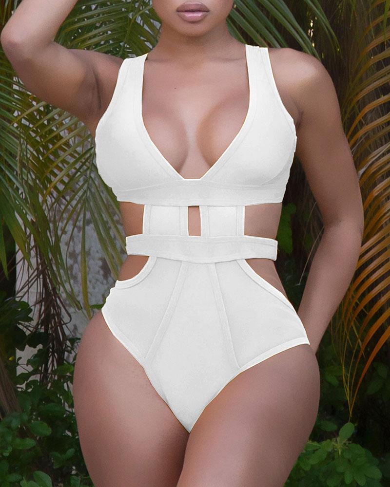 Upopby Hollow Backless Thick Strap One-Piece Swimsuit white