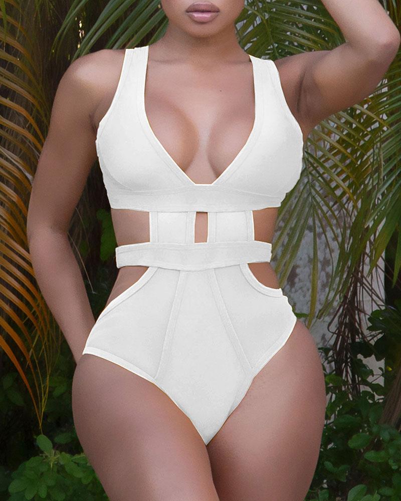 Upopby Hollow Backless Thick Strap One-Piece Swimsuit white
