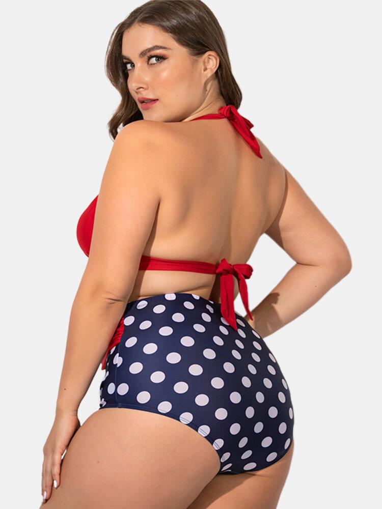 Upopby Polka Dot Pleated Halter Bikini Plus Size Swimsuit back view