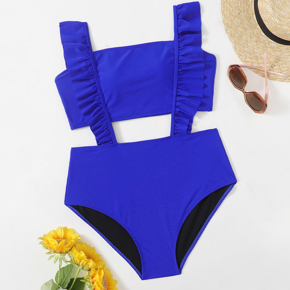 Blue one-piece swimsuit show