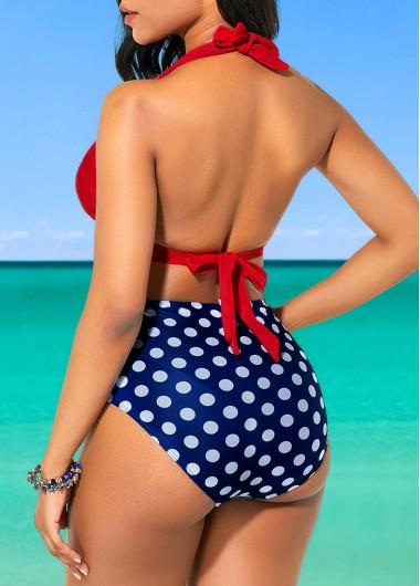 Upopby Polka Dot Pleated Halter Bikini Plus Size Swimsuit back details