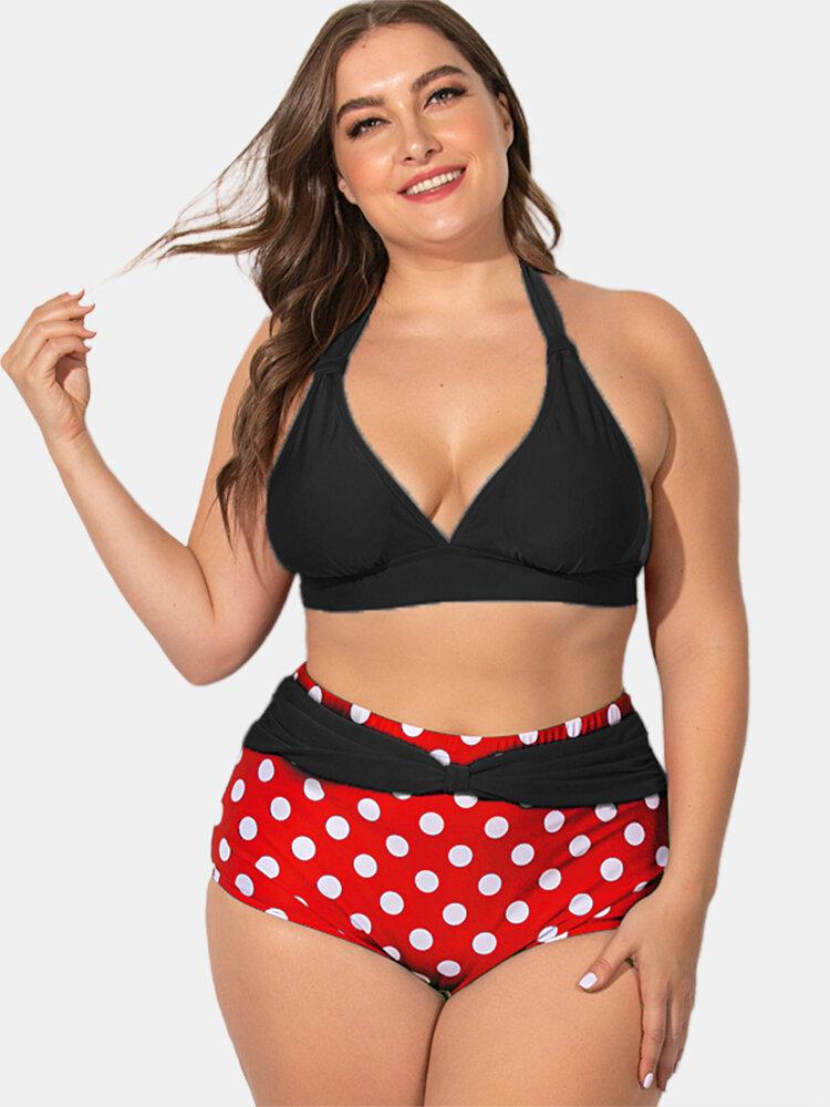 Upopby Polka Dot Pleated Halter Bikini Plus Size Swimsuit 