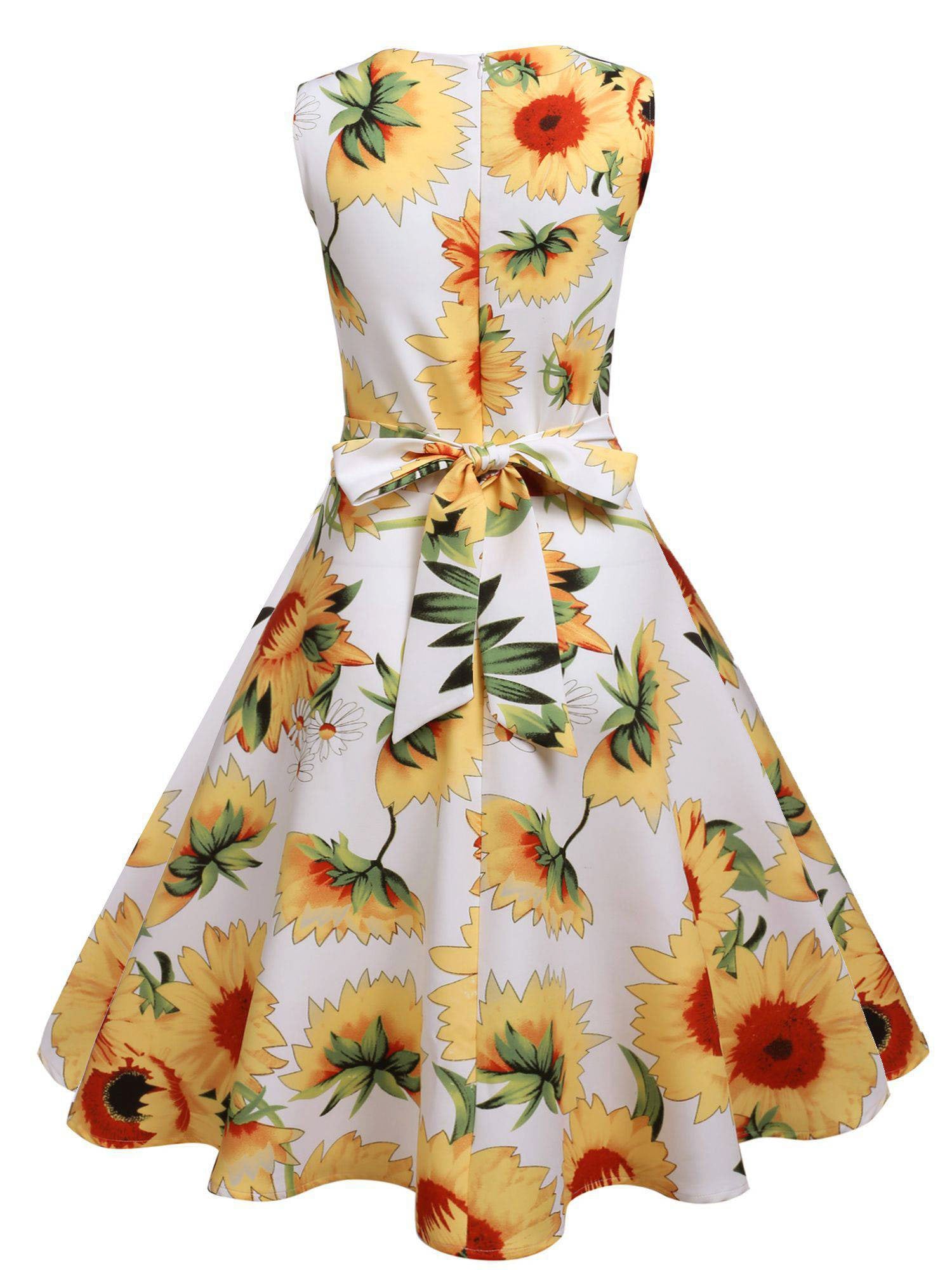 Gelbes und weißes 1950er Sonnenblumenkleid