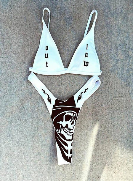 Upopby Reaper Skull Letter Print White Bikini