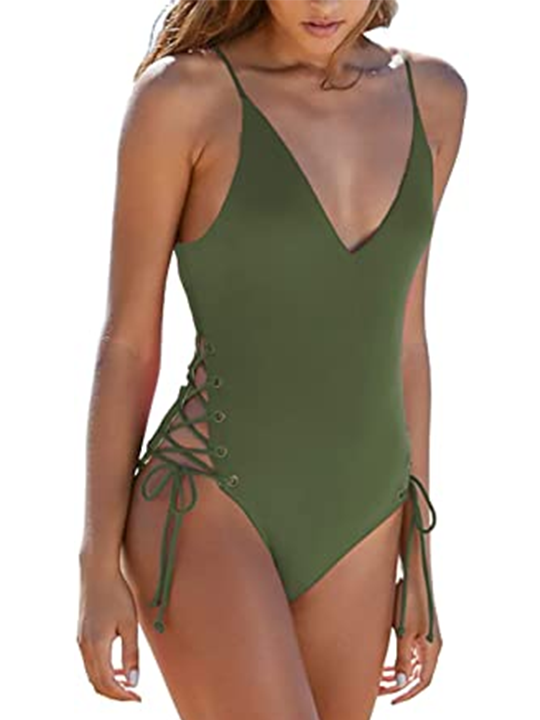 Upopby Women's Sexy One Piece Swimsuit Lace Cross Bandage Swimsuit green