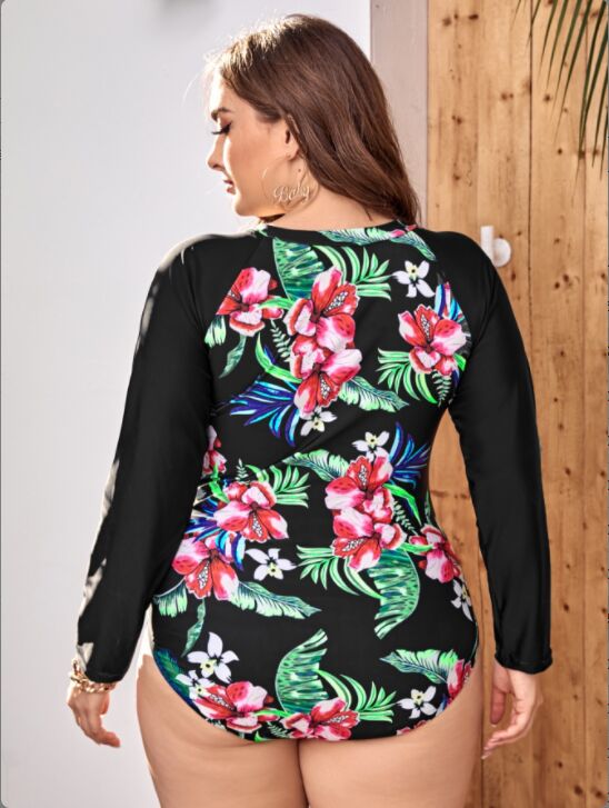 Upopby Long Sleeve Floral Print Zipper One-Piece Swimsuit Plus Size Swimsuit back details