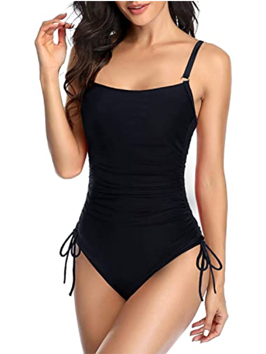 Upopby Belly Drawstring Side String Black One-Piece Tie Swimsuit