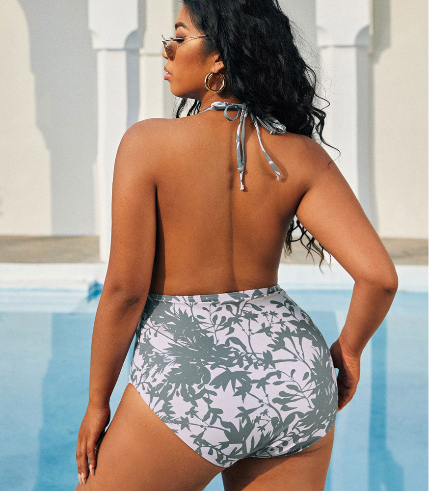 Upopby Leaf Printed Halter Backless One-piece Swimsuit Plus Size