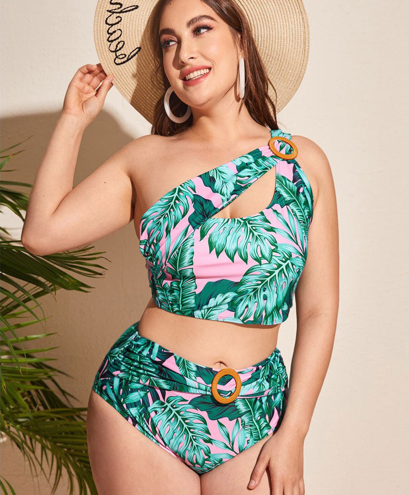 Upopby Tropical Leaf Print Plus Size One-Shoulder High-Waist Bikini