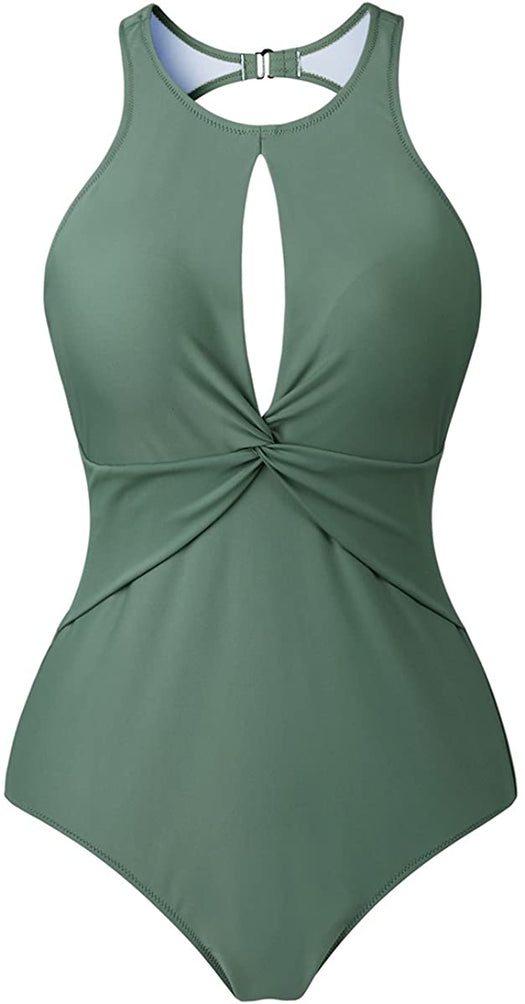 Upopby Women's High Neck Padded One-Piece Swimsuit green details