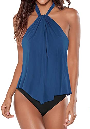 Upopby High Neck Strap Ruffled Backless Swimsuit blue