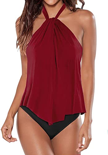 Upopby High Neck Strap Ruffled Backless Swimsuit red
