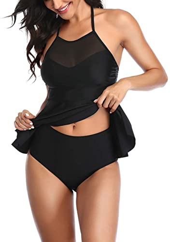 Ladies Mesh Abdominal Two-Piece Swimsuit black