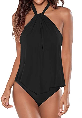 Upopby High Neck Strap Ruffled Backless Black Swimsuit