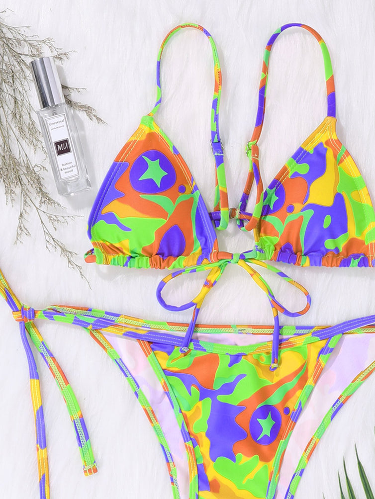 Upopby Sexy Tie-Dye Print String Bikini Thong Swimsuit details