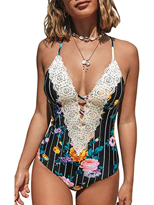 Upopby Deep V-Neck Retro Lace Fashion One-Piece Swimsuit style 3