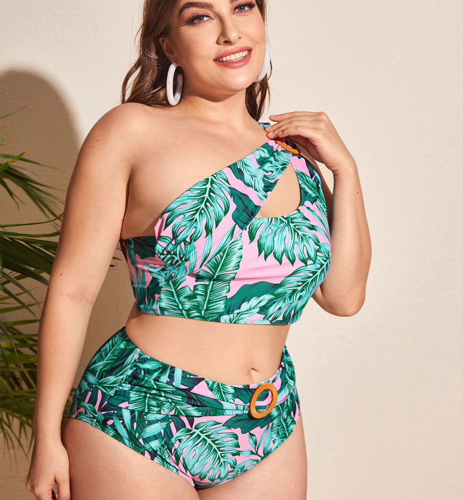 Upopby Tropical Leaf Print Plus Size One-Shoulder High-Waist Bikini