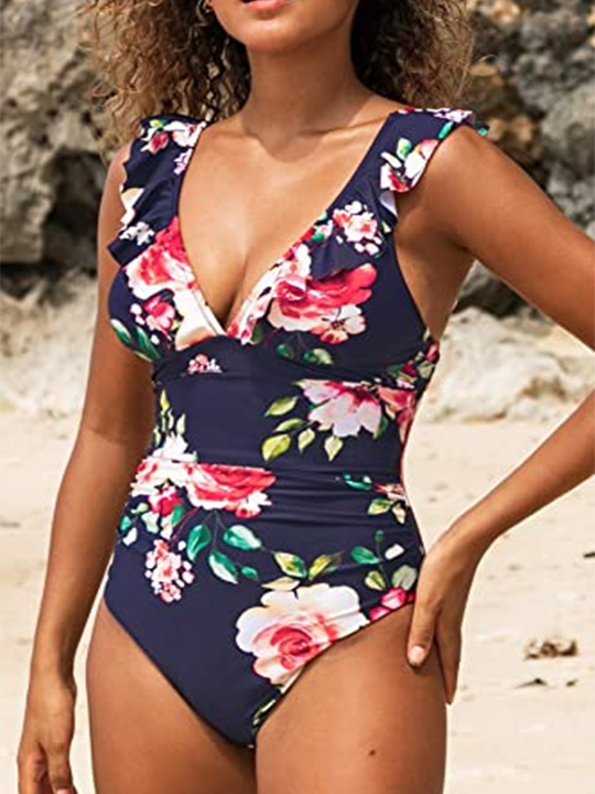 Upopby V-neck Ruffled Strappy Backless One-piece Swimsuit