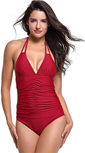 Upopby Backless Tummy Control Bathing Suits Plus Size One-Piece Swimsuit red