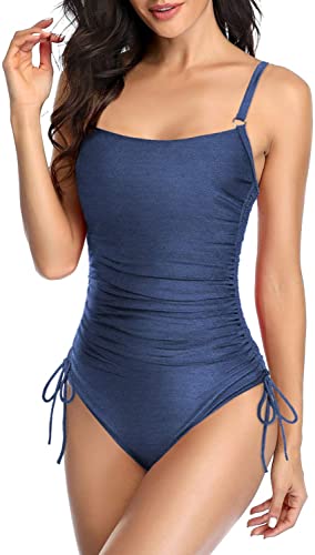 Upopby Belly Drawstring Side String One-Piece Tie Swimsuit blue